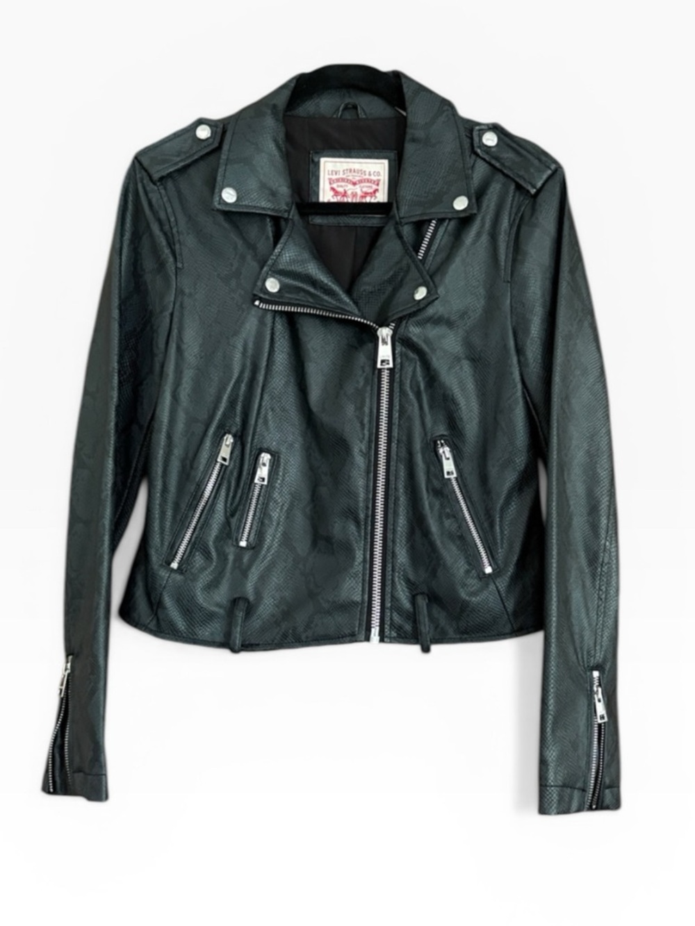 Levi’s  Faux Snakeskin Leather Moto Jacket Dark Charcoal Grey Edgy Chic Sz M